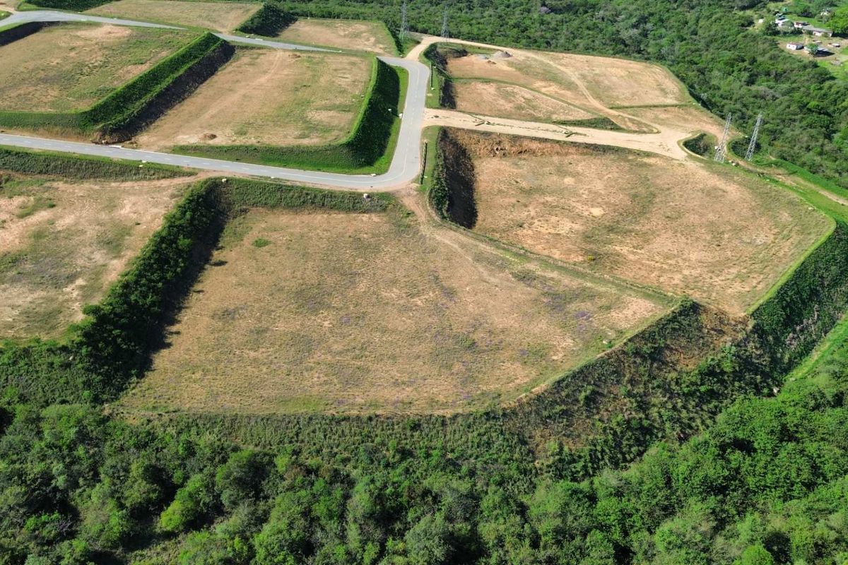 Aerial view of an industrial development site featuring terraced land plots, retaining embankments, and established paved access roads surrounded by natural vegetation.