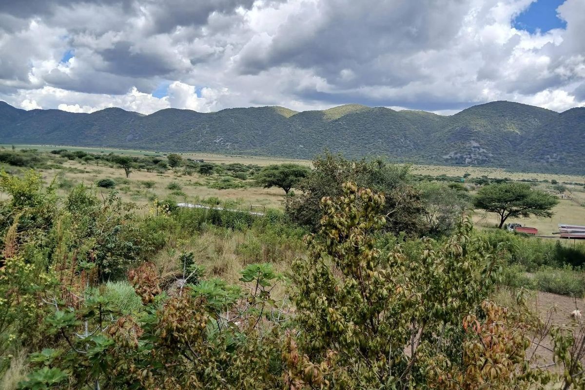A scenic landscape view of the farm property featuring expansive open fields and rolling mountains in the background.
