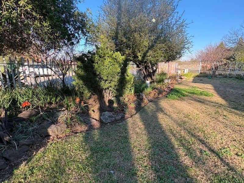 A spacious residential garden featuring mature trees, established garden beds, and perimeter fencing.