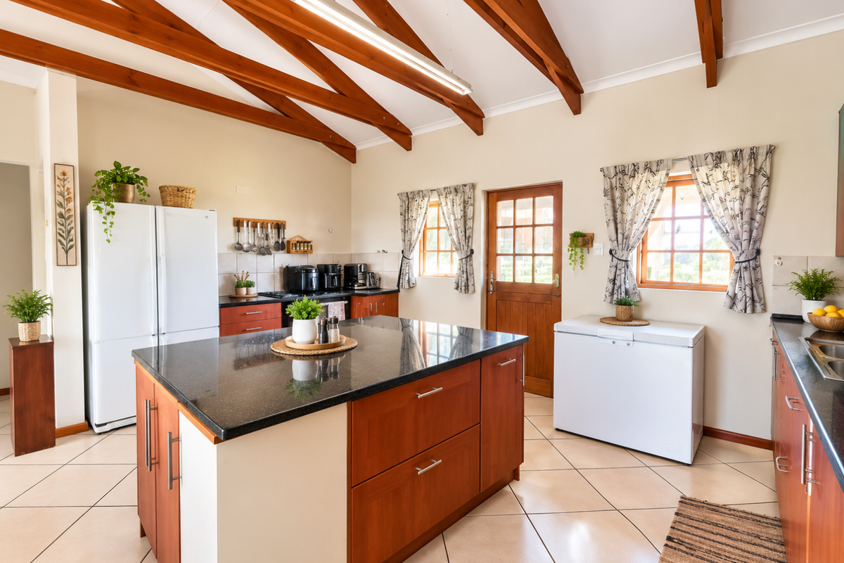 Spacious kitchen featuring a large granite-topped island, exposed timber ceiling beams, and ample wooden cabinetry, creating a warm and functional cooking space.