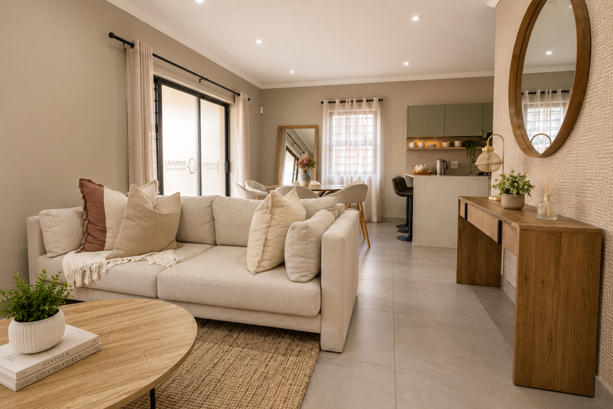 Modern open-plan living area featuring a contemporary kitchen with stone-topped breakfast bar, tiled flooring, and seamless flow to the dining and lounge spaces.