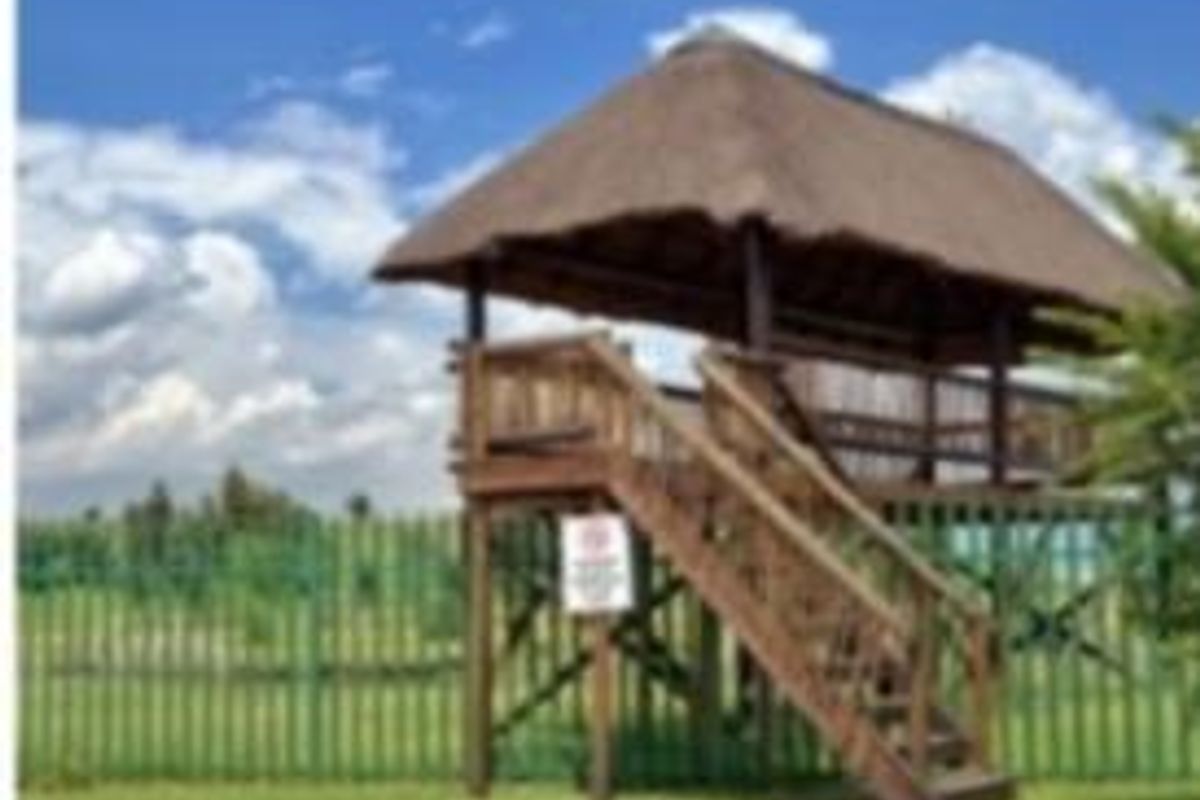 A raised thatched gazebo structure with wooden stairs, situated within a landscaped outdoor area featuring perimeter fencing.