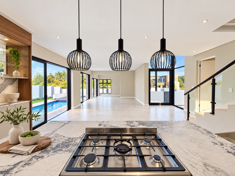 Spacious open-plan living area featuring a modern kitchen island with gas cooktop, sleek pendant lighting, and large sliding doors opening to the pool area.