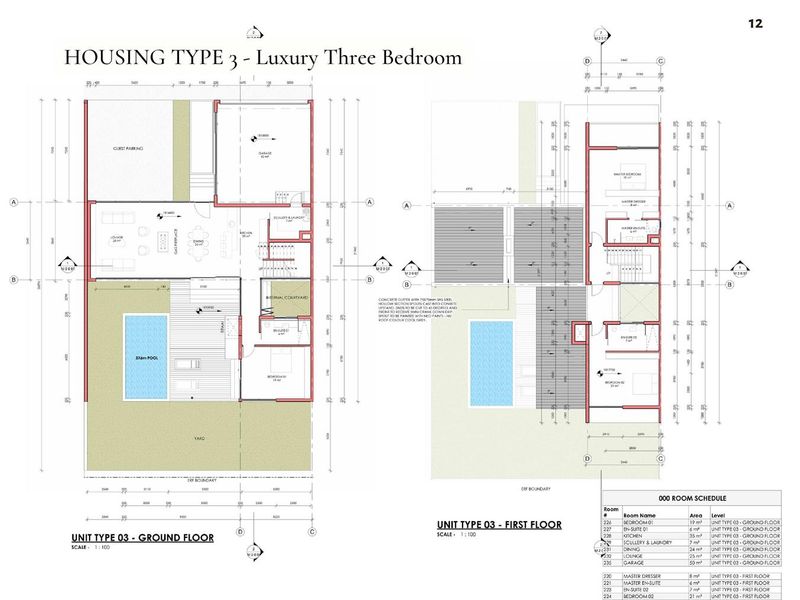 Architectural floor plan for a luxury three-bedroom townhouse, detailing ground and first-floor layouts, including pool, garage, and room dimensions.