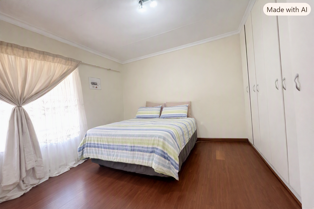A well-maintained bedroom featuring laminate flooring, neutral walls, and extensive built-in cupboard storage.
