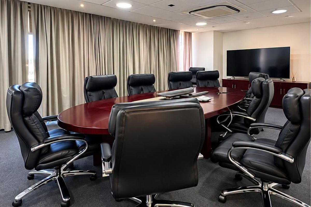 A professional boardroom featuring a large conference table, suspended ceiling with integrated lighting, ducted air conditioning, and built-in storage cabinetry.