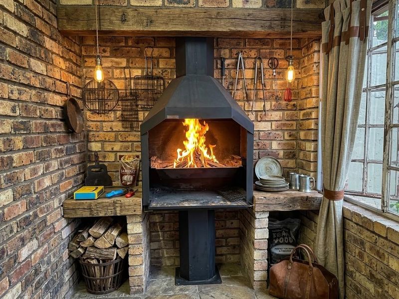 A rustic covered patio area featuring a prominent built-in brick braai with a steel fireplace hood and natural stone flooring.