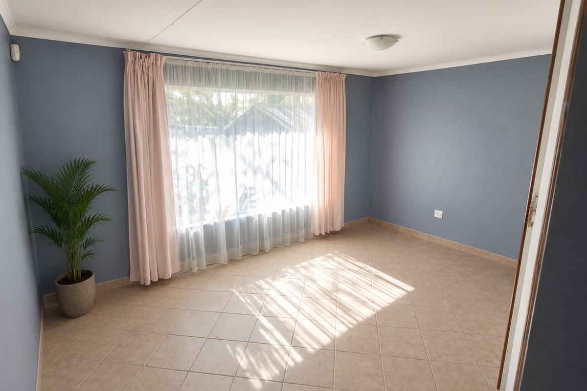 A bright, empty bedroom featuring neutral tiled flooring, blue-toned walls, and a large window with curtains, providing a clean and versatile living space.