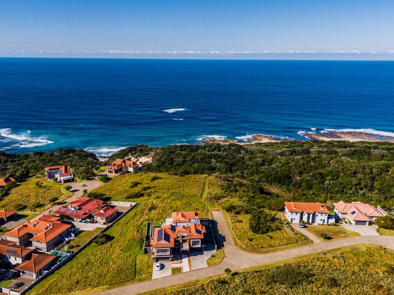 An aerial view of a coastal residential estate featuring multiple homes situated near the ocean with natural vegetation and paved road access.