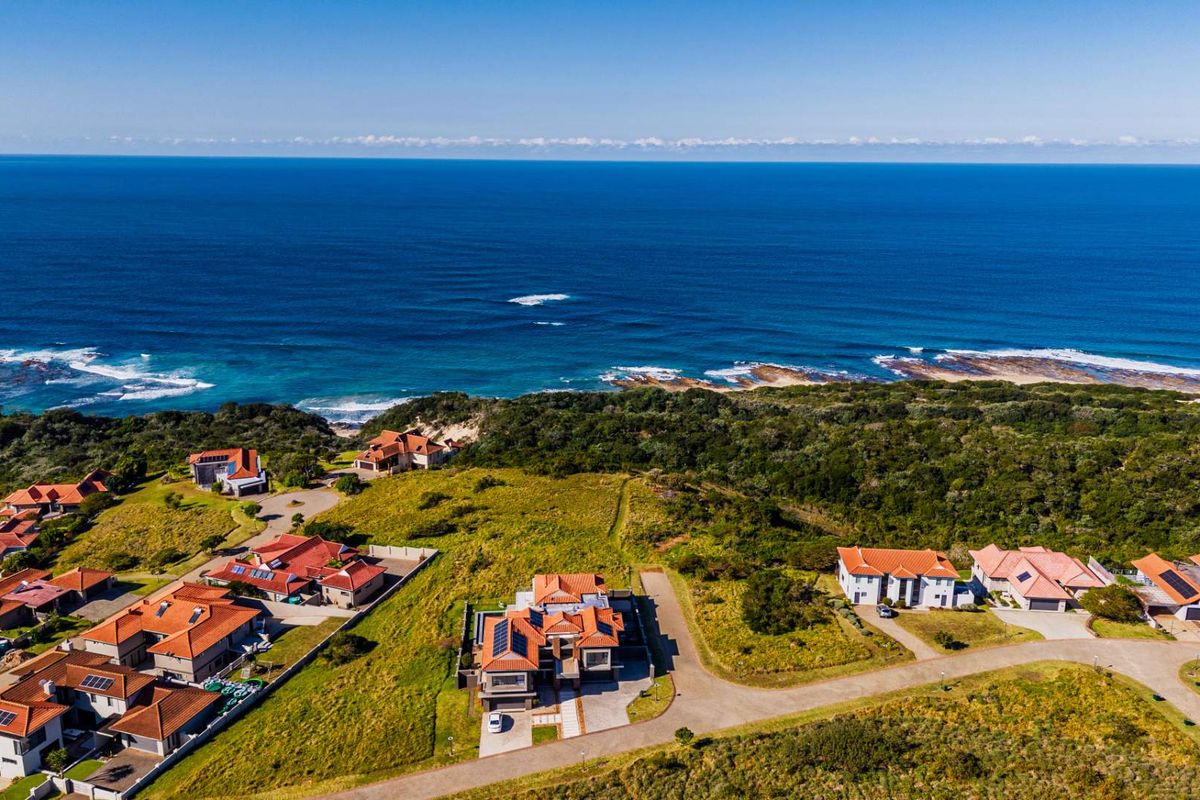 An aerial view of a coastal residential estate featuring multiple homes situated near the ocean with natural vegetation and paved road access.