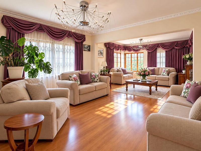 Spacious living room featuring polished hardwood flooring, decorative crown molding, and large windows with security gates, creating a bright and inviting atmosphere.