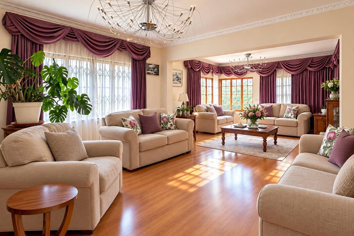 Spacious living room featuring polished hardwood flooring, decorative crown molding, and large windows with security gates, creating a bright and inviting atmosphere.