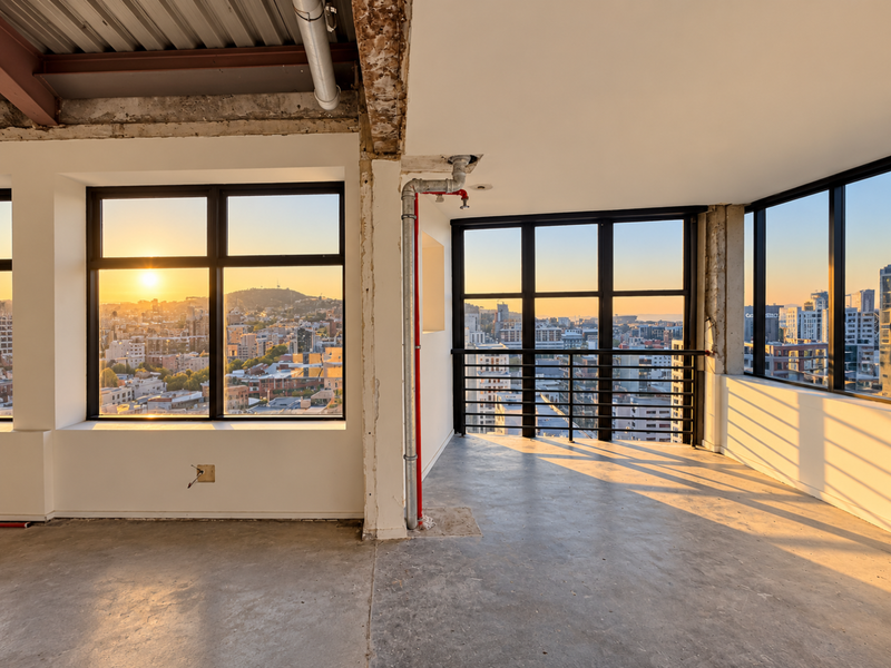 An unfinished open-plan penthouse space featuring industrial exposed ceilings, concrete floors, and expansive floor-to-ceiling windows with panoramic city sunset views.