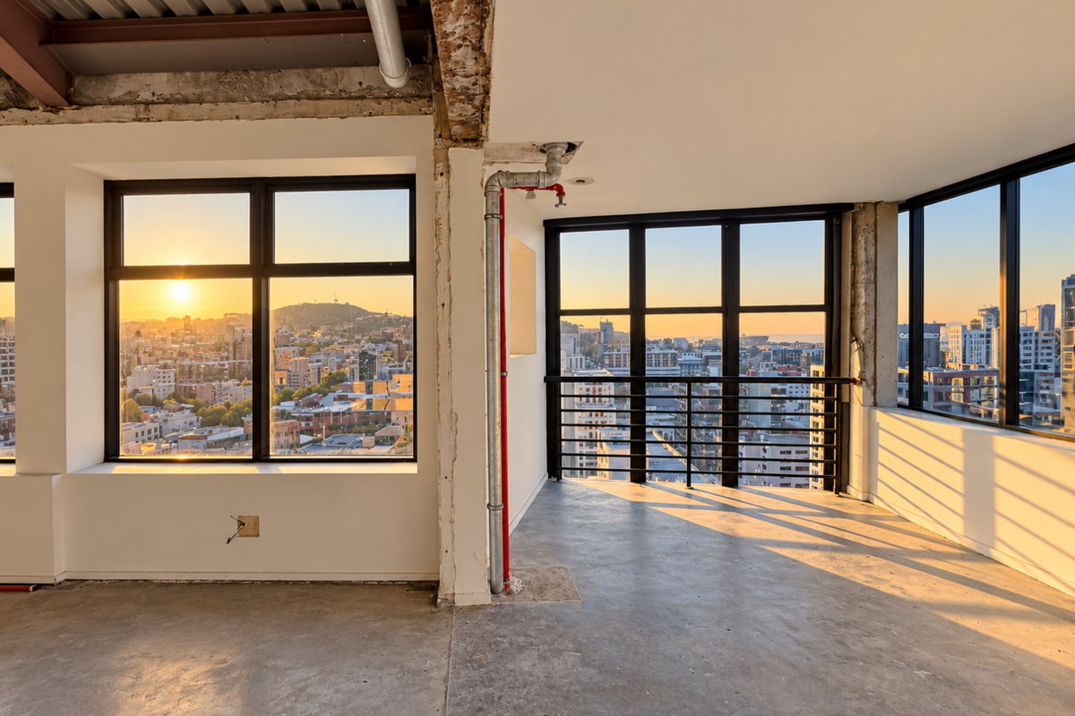 An unfinished open-plan penthouse space featuring industrial exposed ceilings, concrete floors, and expansive floor-to-ceiling windows with panoramic city sunset views.