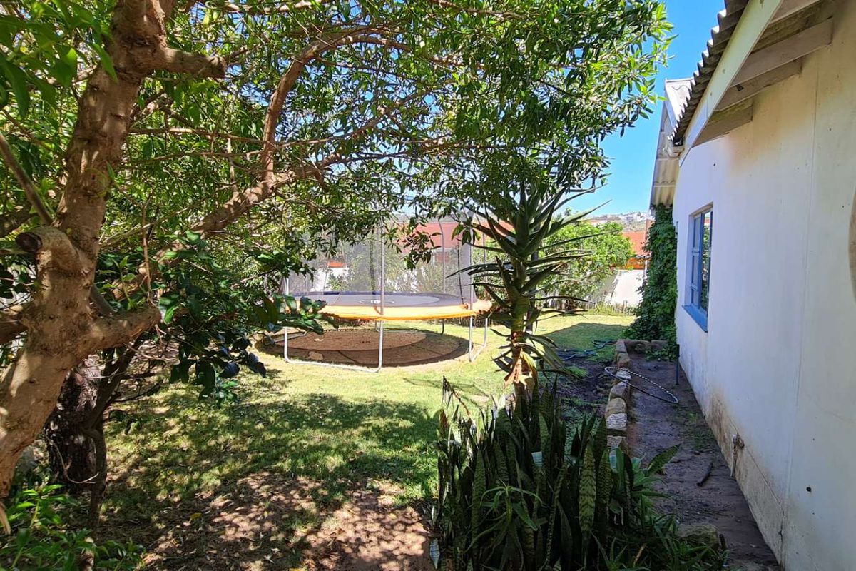 A view of the rear garden area featuring mature trees, a lawn, and the side elevation of the house with a distinctive porthole window.