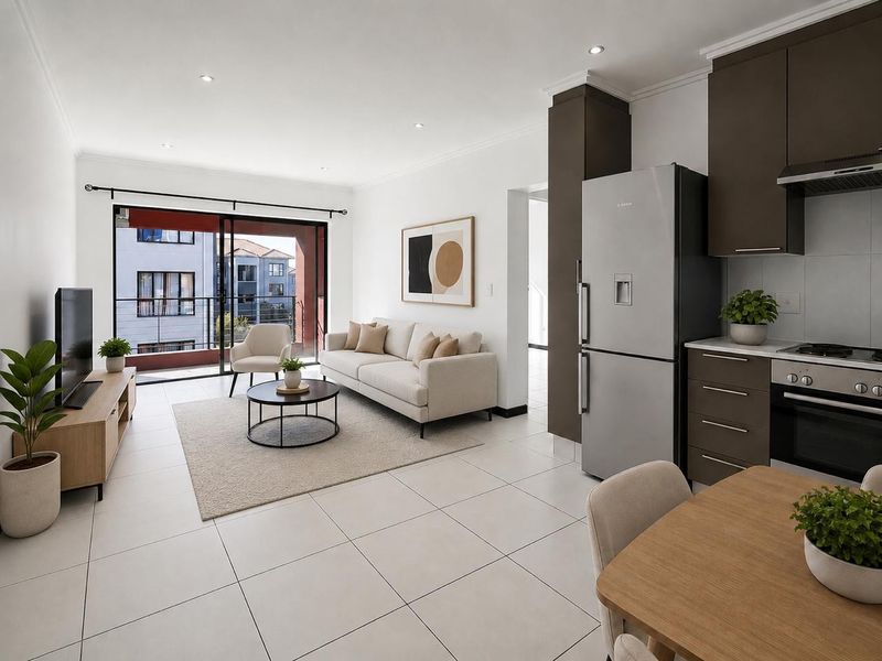 Modern open-plan living area featuring tiled floors, recessed lighting, and a contemporary kitchen with built-in cabinetry and integrated appliances, leading to a balcony.