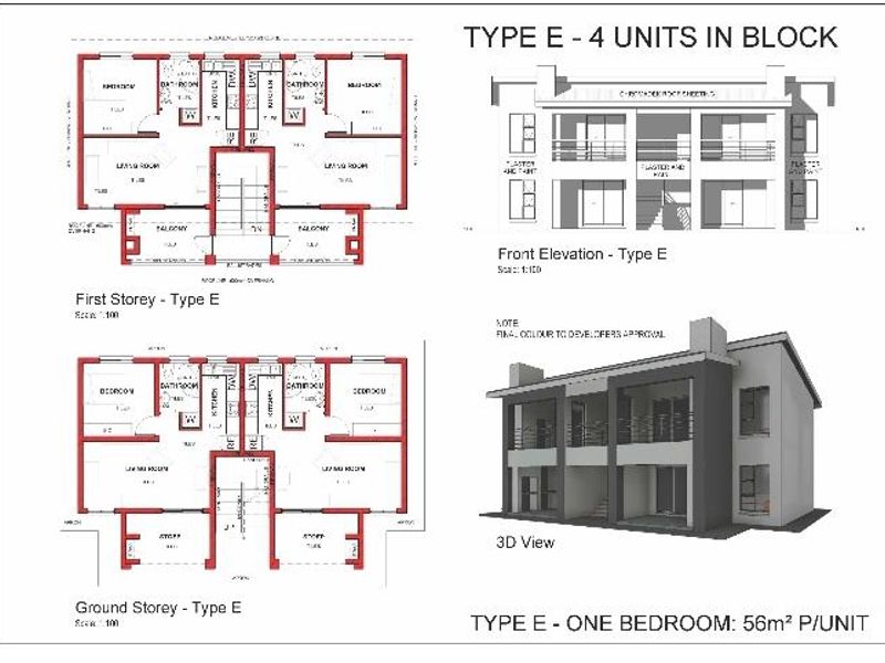 Architectural floor plans and 3D elevation renderings for a Type E residential unit, showcasing the layout and exterior design.