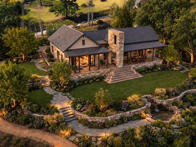 Aerial view of a beautifully landscaped residential property featuring a stone-accented home, expansive gardens, stone pathways, and a serene water feature.