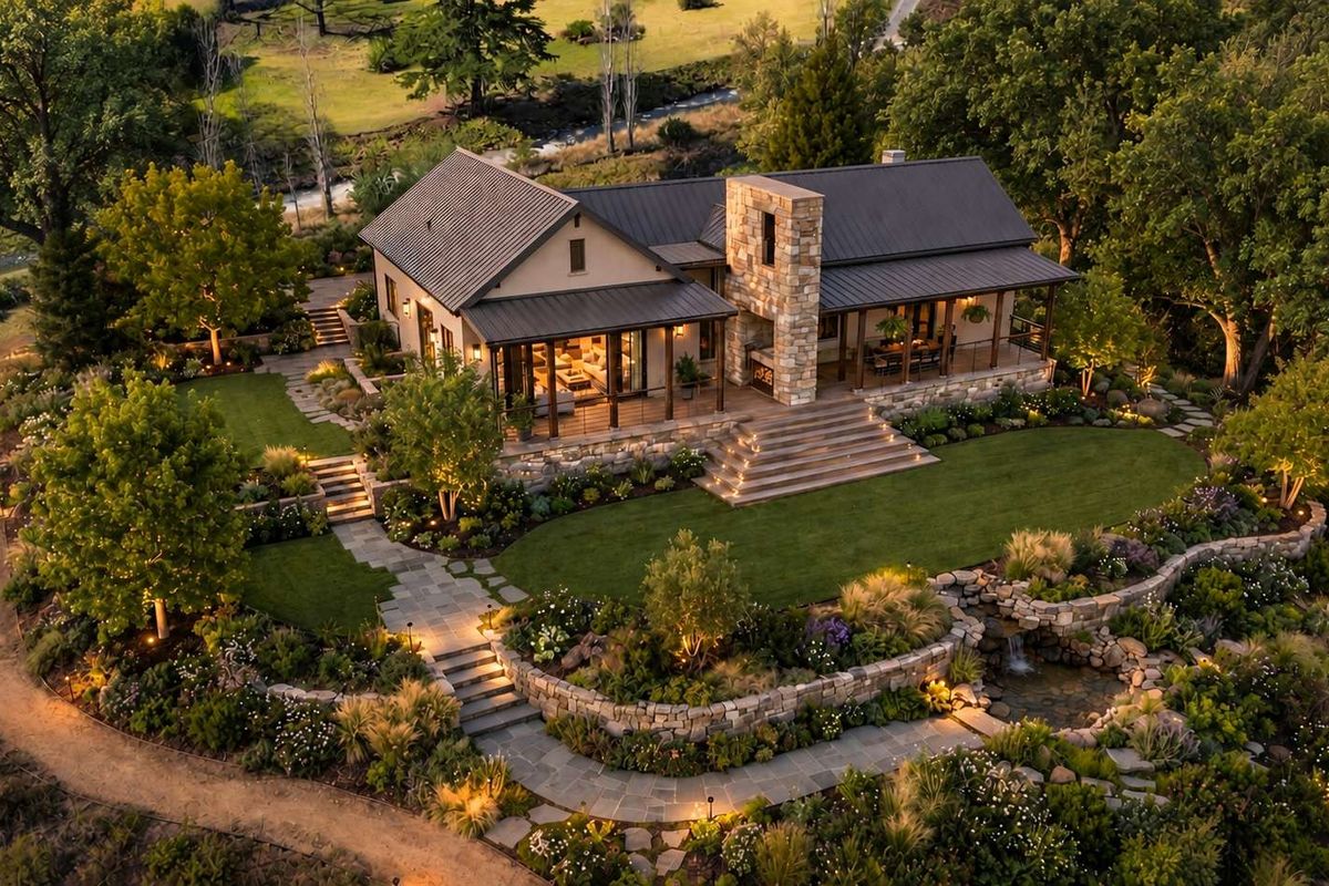 Aerial view of a beautifully landscaped residential property featuring a stone-accented home, expansive gardens, stone pathways, and a serene water feature.