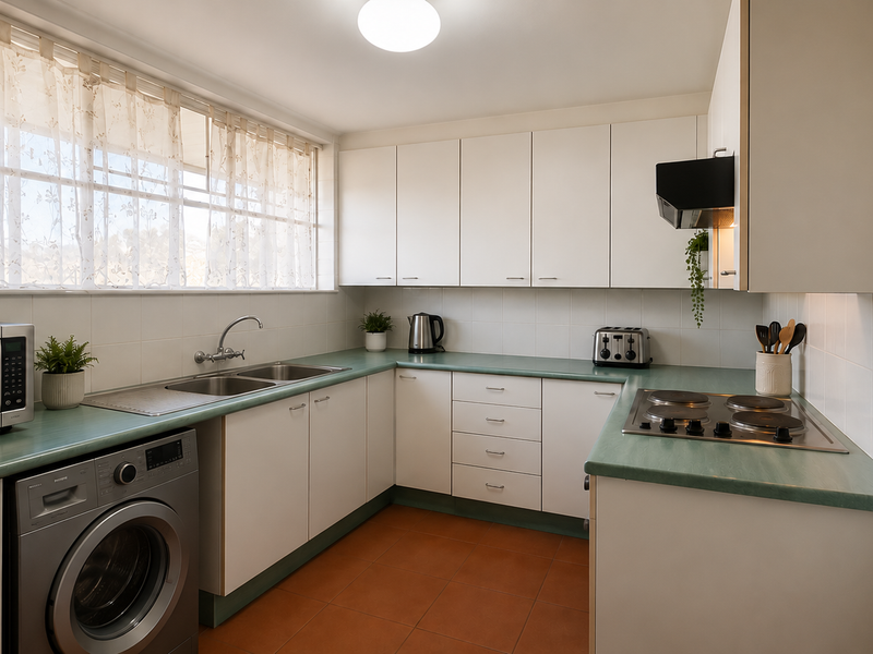 A functional kitchen featuring white cabinetry, laminate countertops, a built-in electric hob, extractor fan, and tiled flooring with ample storage space.