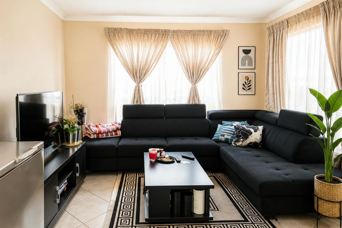 A comfortable living room featuring neutral wall tones, tiled flooring, and large windows with fitted curtain tracks.