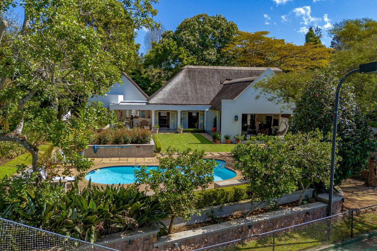 Aerial view of the rear property featuring a thatched roof house, swimming pool, paved patio area, and a well-maintained landscaped garden.