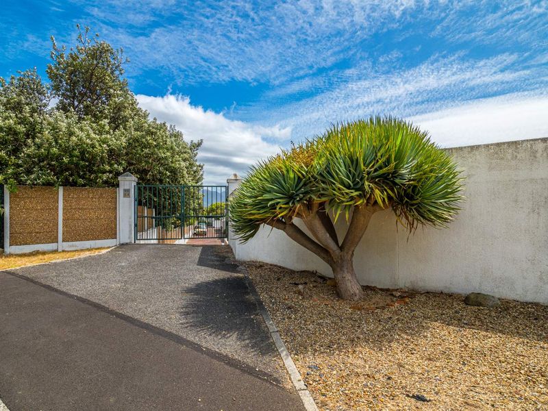 A view of the property entrance featuring a secure metal gate, boundary wall, and a paved driveway with established landscaping.