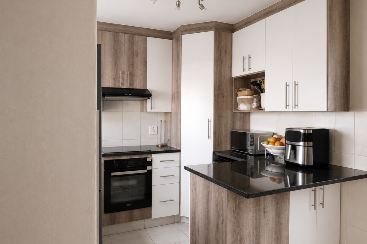 Modern kitchen featuring two-tone cabinetry, granite countertops, built-in oven and hob, tiled splashback, and efficient storage solutions.