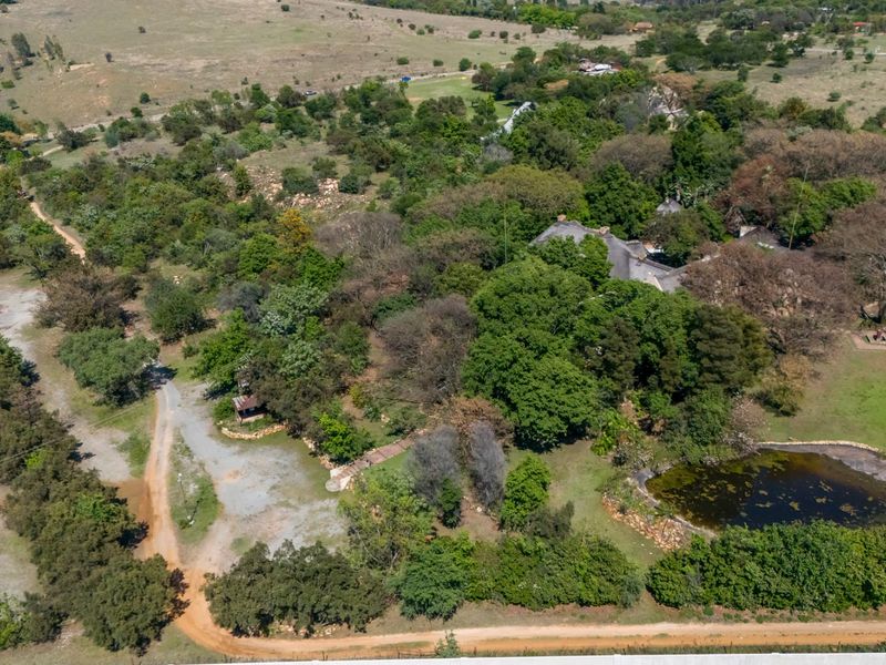 Aerial view of a small holding property featuring a large garden, mature trees, a pond, and a dwelling with a thatched roof.