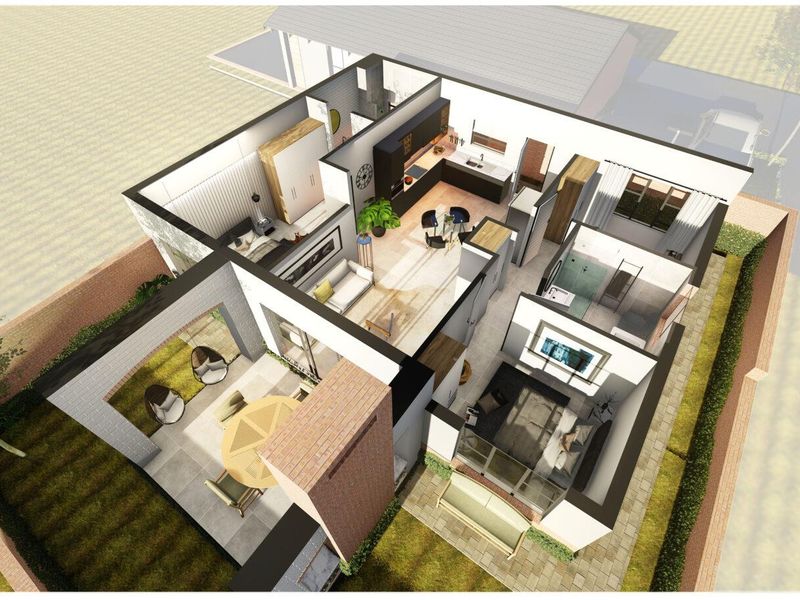 A 3D rendered floor plan showcasing the layout of the townhouse, including the open-plan living area, kitchen, bedrooms, bathrooms, and outdoor patio space.
