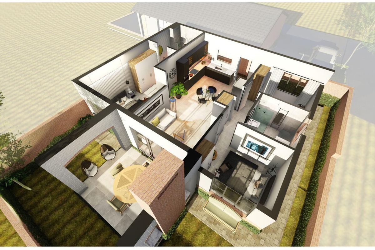A 3D rendered floor plan showcasing the layout of the townhouse, including the open-plan living area, kitchen, bedrooms, bathrooms, and outdoor patio space.