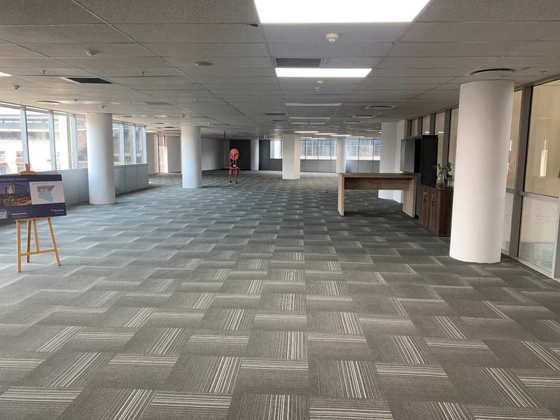 Spacious open-plan office area featuring carpet tiles, structural columns, large windows for natural light, and a suspended ceiling with recessed lighting.