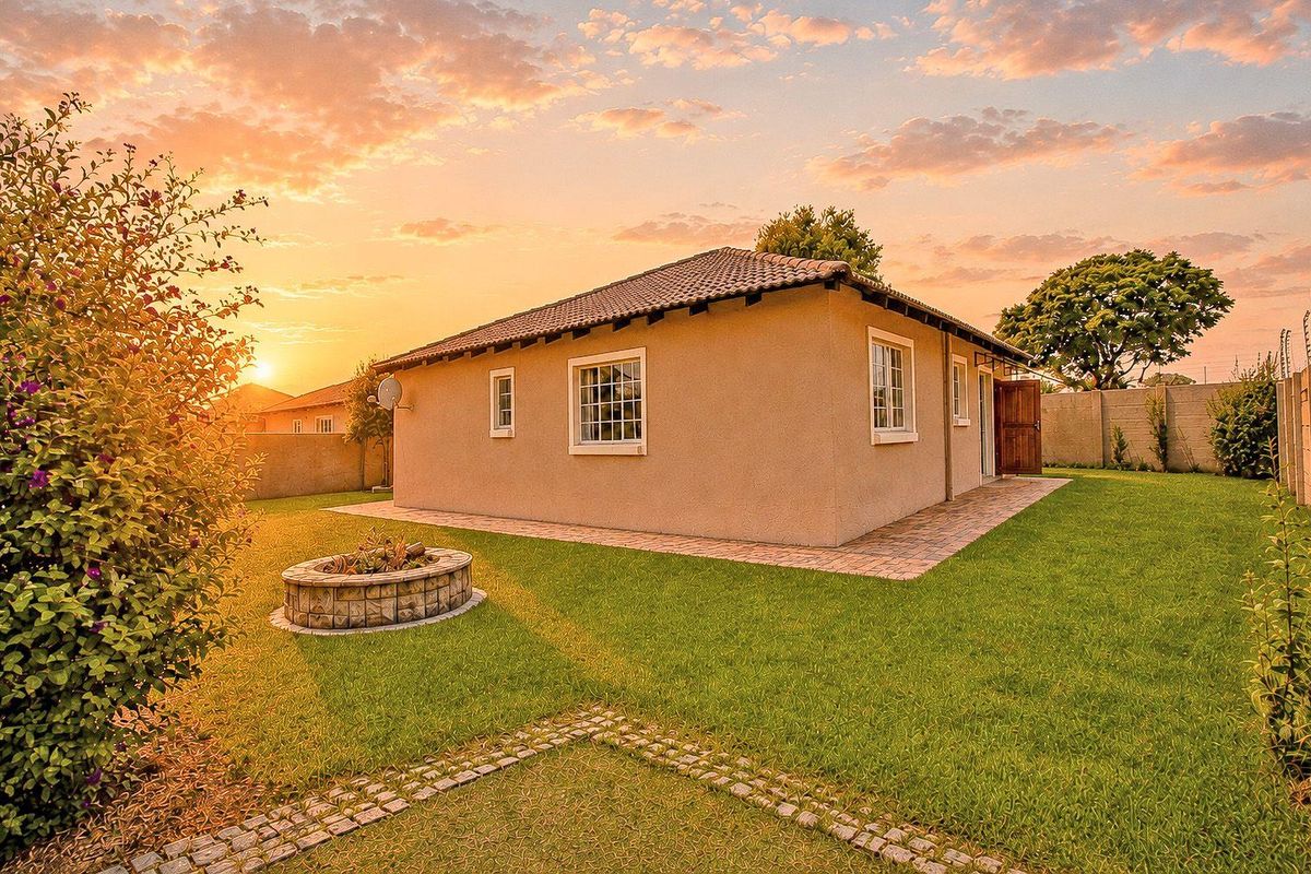 A well-maintained townhouse exterior featuring a paved patio, landscaped lawn, and a built-in stone fire pit, set against a scenic sunset backdrop.