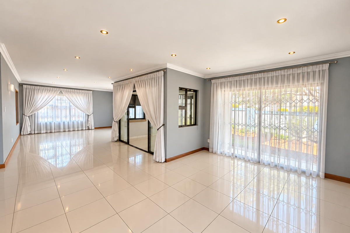Spacious, light-filled living area featuring polished porcelain floor tiles, recessed downlighting, and large sliding glass doors with integrated security gates.