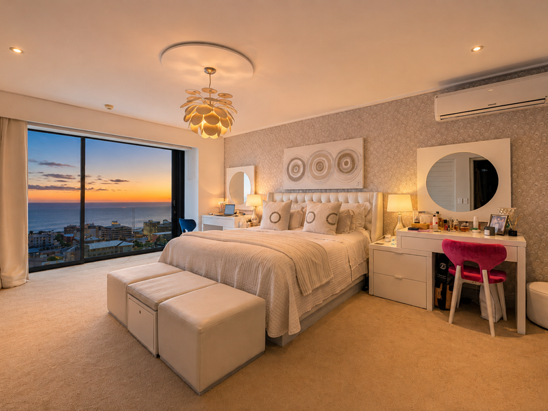 Spacious bedroom featuring high-quality finishes, recessed lighting, split-system air conditioning, and large sliding glass doors offering panoramic sunset ocean views.
