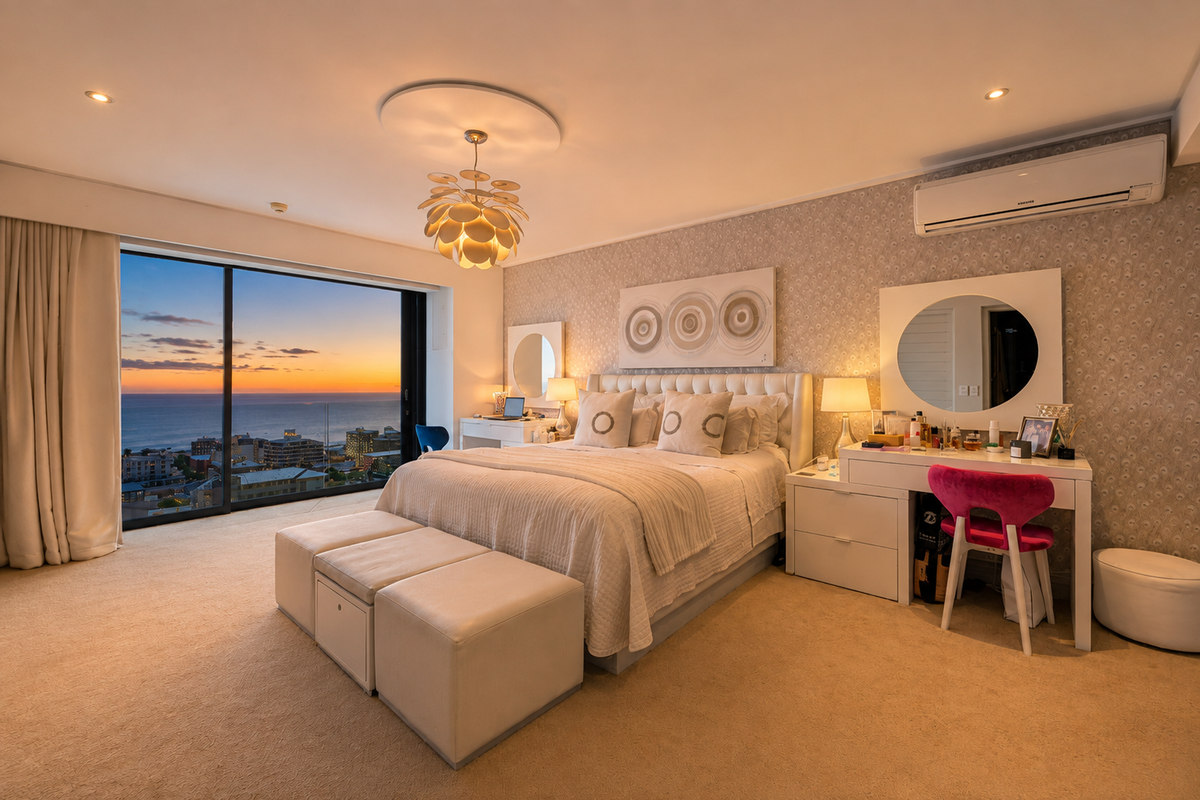 Spacious bedroom featuring high-quality finishes, recessed lighting, split-system air conditioning, and large sliding glass doors offering panoramic sunset ocean views.