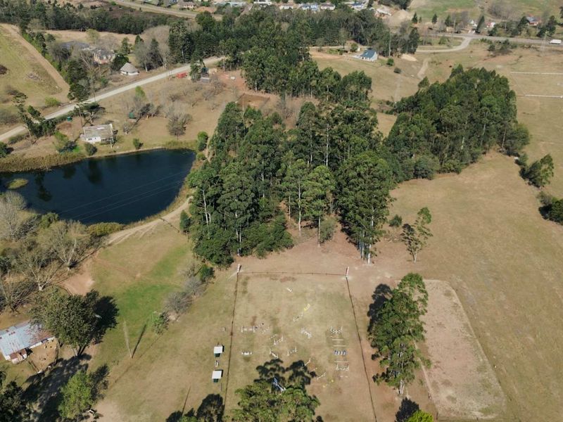 Aerial view of a farm property featuring a dam, mature woodland, and an open paddock area equipped with equestrian jumps.