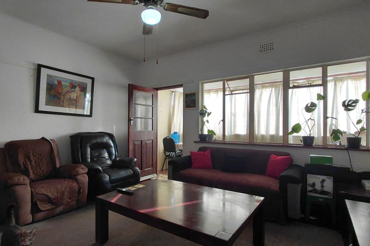 A living room featuring a ceiling fan, timber door, and large steel-framed windows providing natural light.