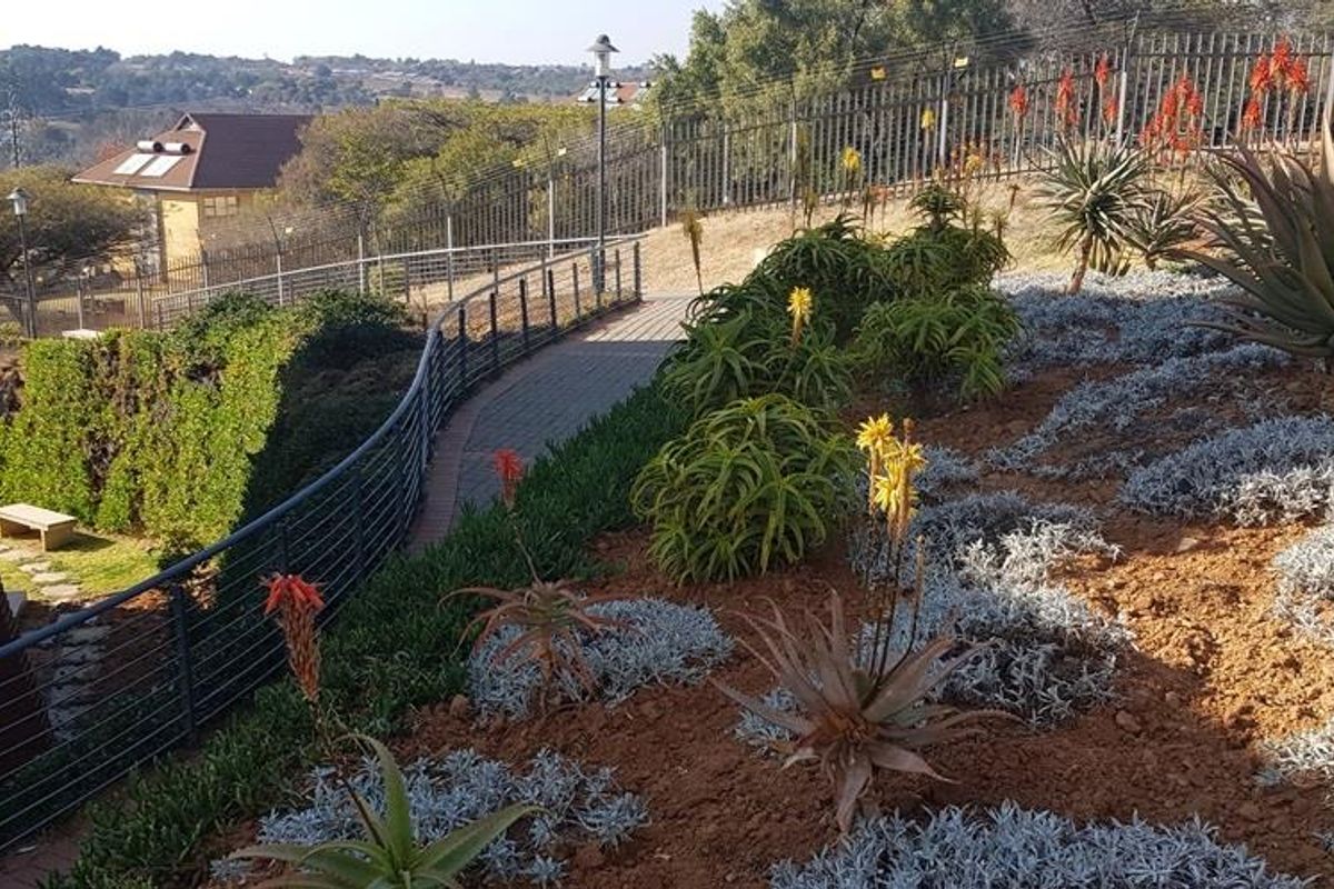A well-maintained landscaped garden area featuring a paved walkway, metal security fencing, and established succulent plantings overlooking the property grounds.