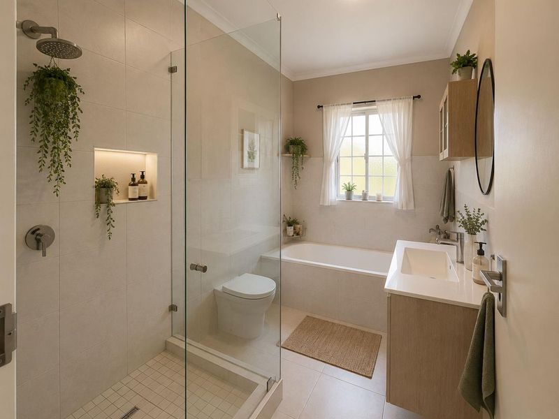 Modern bathroom featuring a walk-in shower with a recessed niche, a built-in bathtub, and a sleek wall-hung vanity with contemporary fixtures.