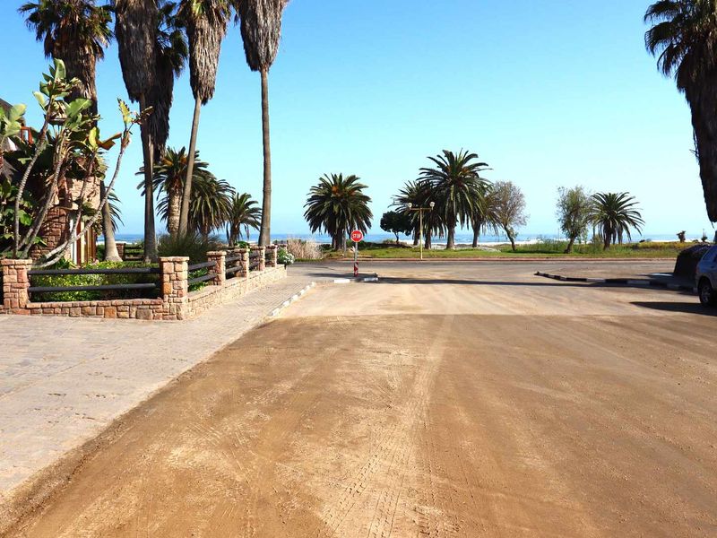 Street view of a coastal residential area featuring a paved sidewalk, stone boundary wall, and mature palm trees with a view of the ocean.