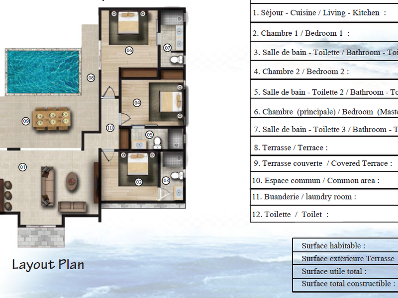 A detailed architectural floor plan showing the layout of the property, including living areas, bedrooms, bathrooms, laundry, and outdoor terrace spaces.