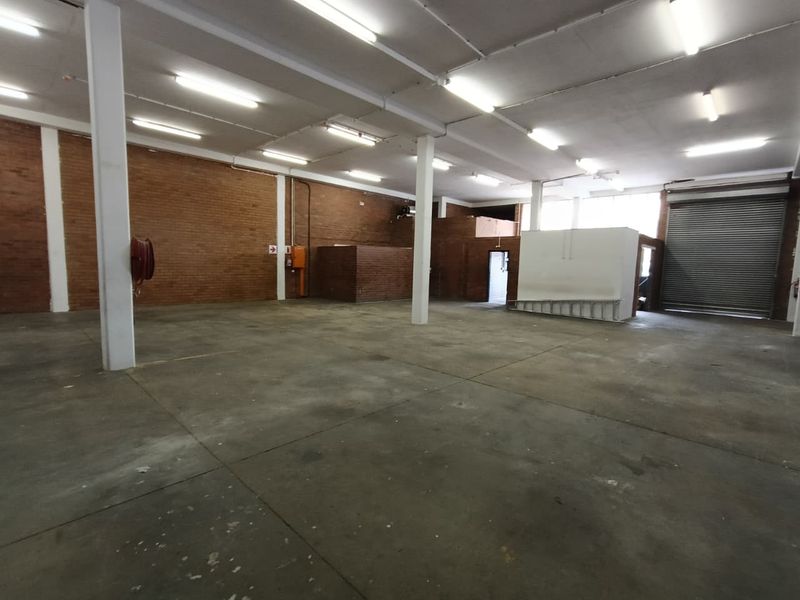 Spacious industrial warehouse unit featuring exposed brick walls, concrete flooring, high-clearance ceilings with strip lighting, and a large roller shutter door for easy access.