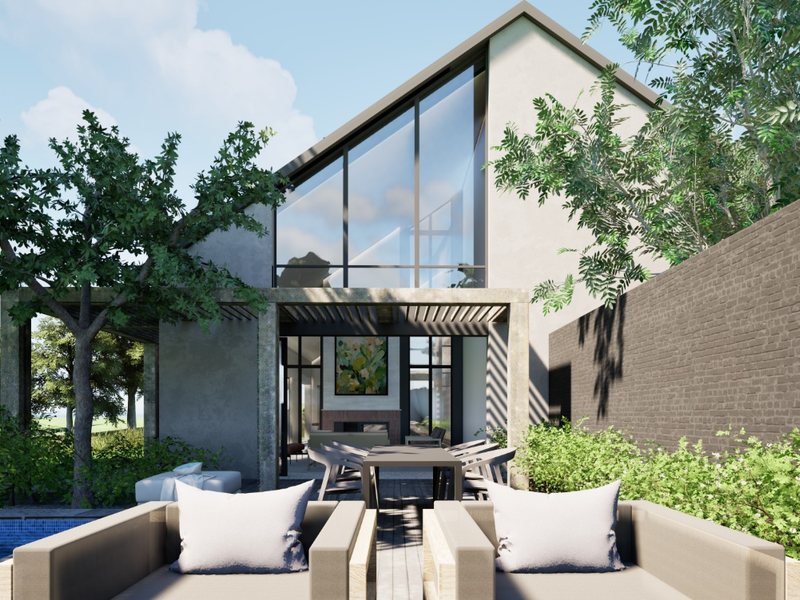 A modern architectural rear exterior view featuring a swimming pool, covered patio area, and large glass windows set against a brick boundary wall.