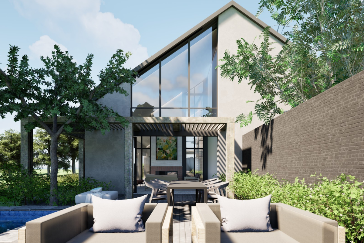 A modern architectural rear exterior view featuring a swimming pool, covered patio area, and large glass windows set against a brick boundary wall.