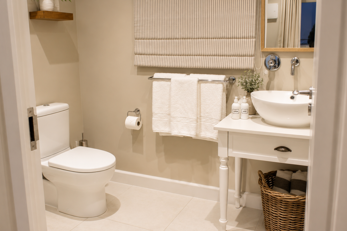 A well-maintained bathroom featuring a modern vessel sink, vanity unit, and clean neutral finishes.