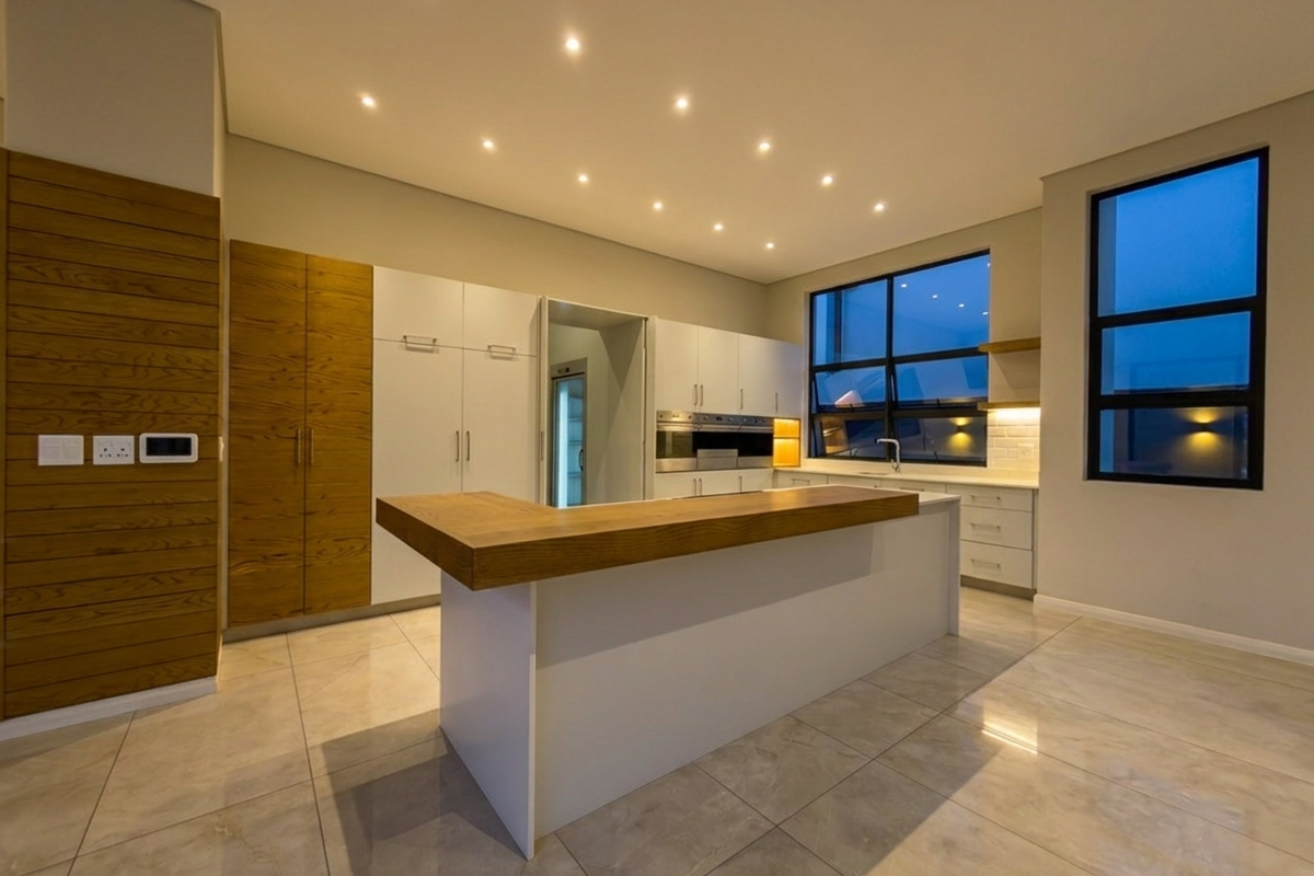 Modern kitchen featuring a central island with a wooden countertop, integrated cabinetry, built-in oven, and recessed ceiling lighting.