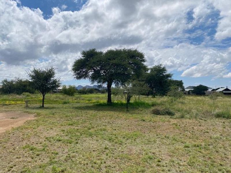 A view of a vacant residential plot featuring established trees and natural grassland under a cloudy sky.