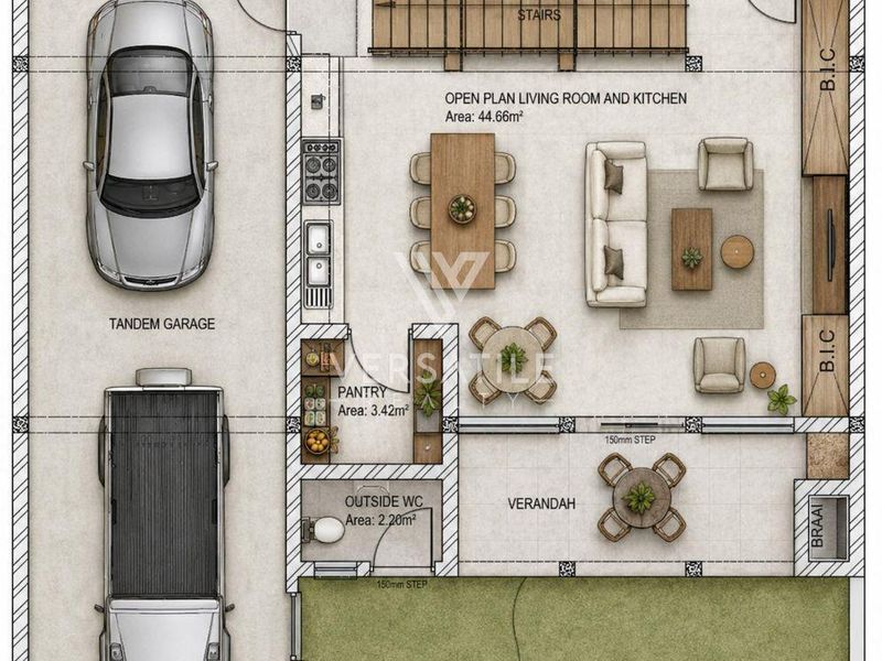 Architectural floor plan showing a tandem garage, open plan living and kitchen area, pantry, outside WC, verandah with braai, and back yard.
