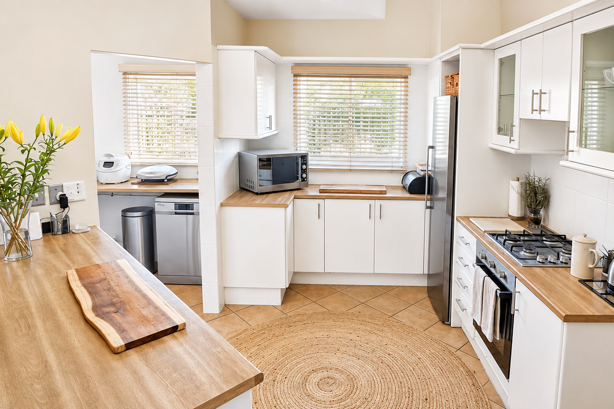A bright, well-maintained kitchen featuring white cabinetry, wooden countertops, a gas hob, and an adjoining scullery area with natural light.